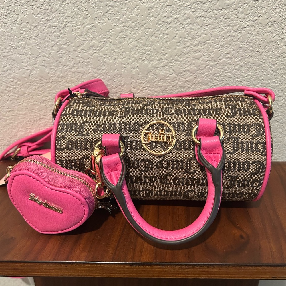Juicy Couture Brown Monogram Barrel Bag with Pink Trim